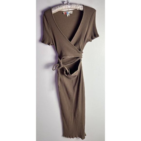 Free People Beach Vroom Vroom Ribbed Cutout Tie Waist Midi Dress Tan Size L - Picture 3 of 10